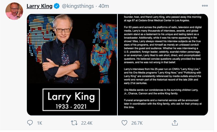 Fernsehmoderator Larry King stirbt im Alter von 87 Jahren