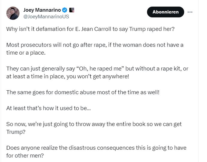 Joey Mannarino äußert sich zu Trumps Gerichtsverfahren auf Twitter